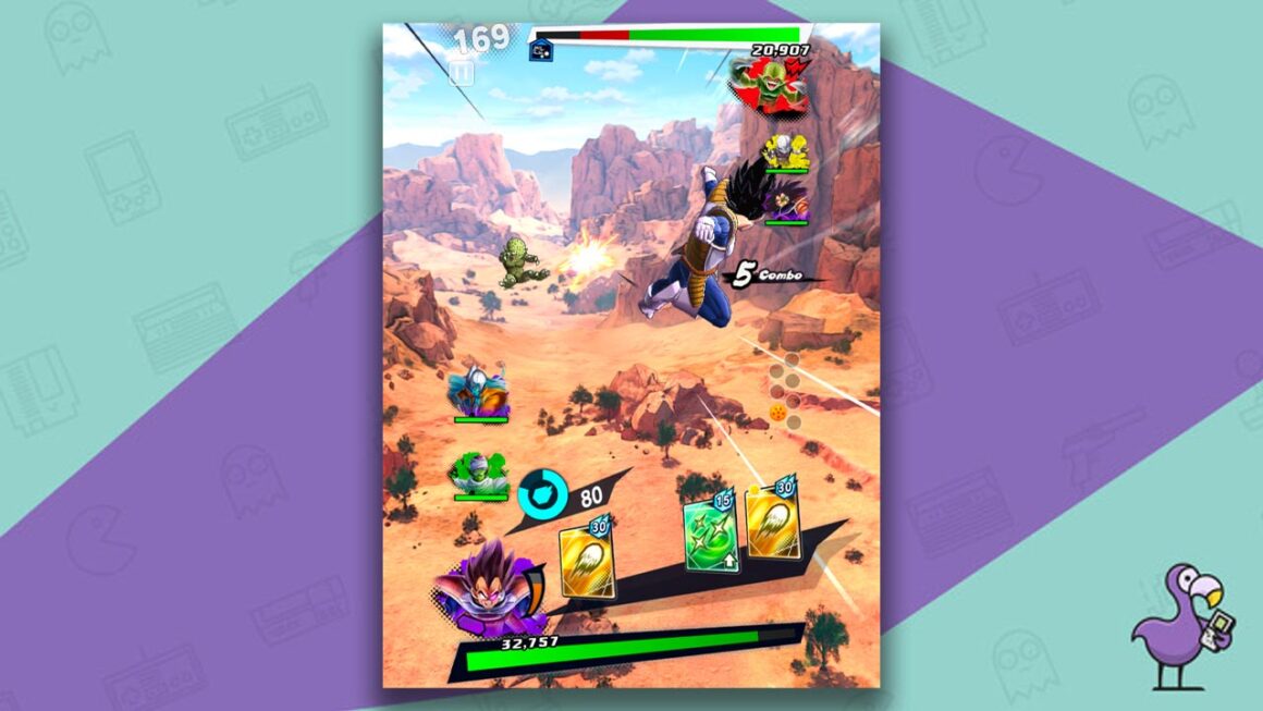 Dragon Ball Legends mobile gameplay, with characters fighting in mid air over a desert scene
