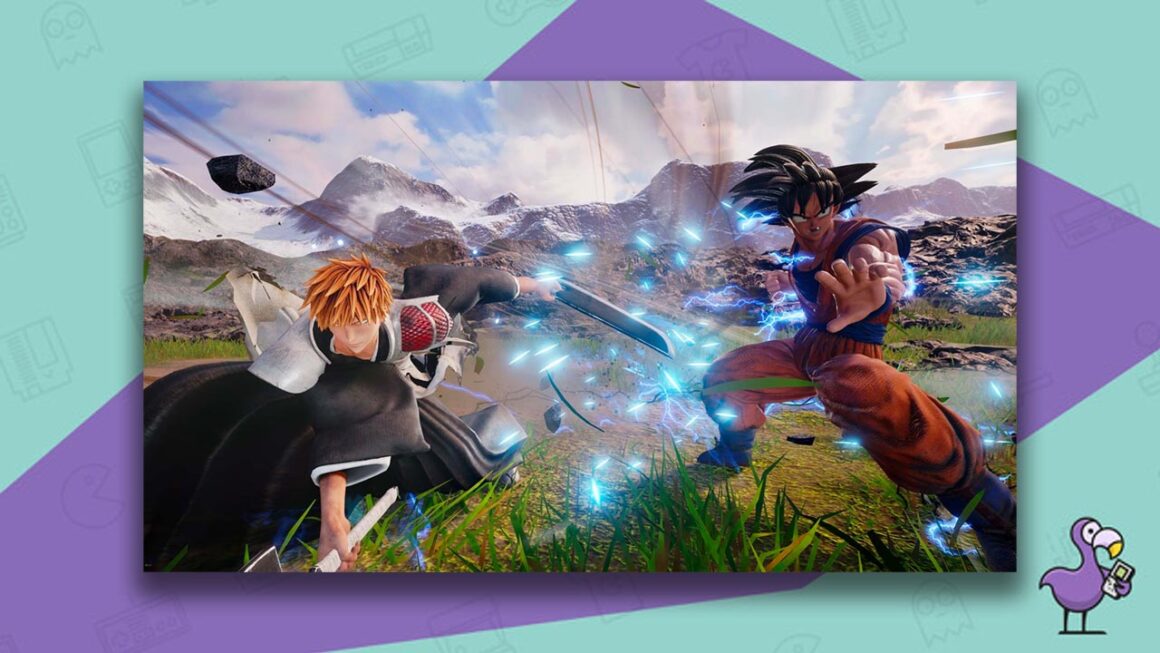 Jump Force gameplay, with two characters facing the screen in a battle cutscene