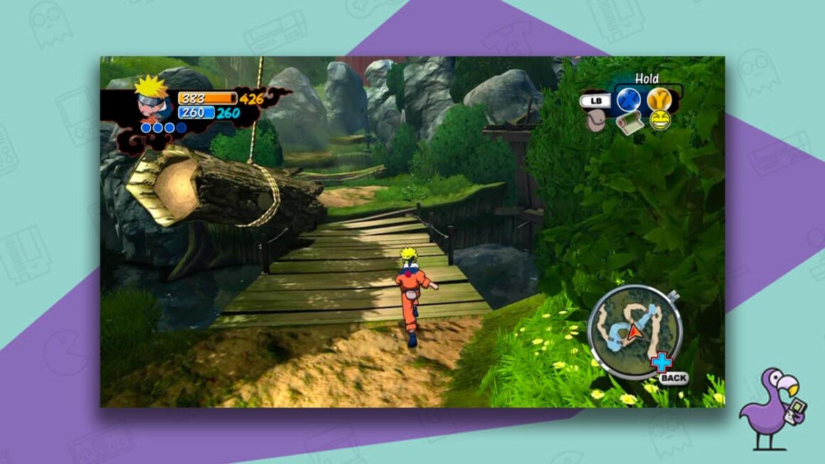 Naruto: Rise of a Ninja gameplay, with Naruto running over a wooden bridge in a forest 