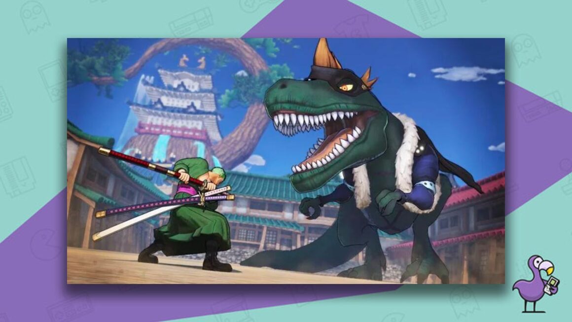 One Piece: Pirate Warriors 4 gameplay, with a character bearing 3 samurai swords squaring up against a T-Rex wearing a blue jacket with fur trim