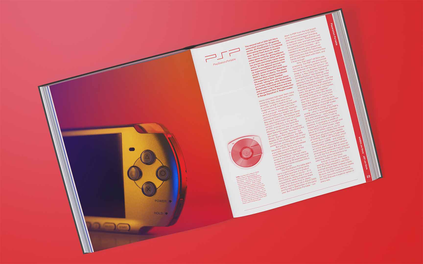 Double spread of A Handheld History showing a page on the PSP