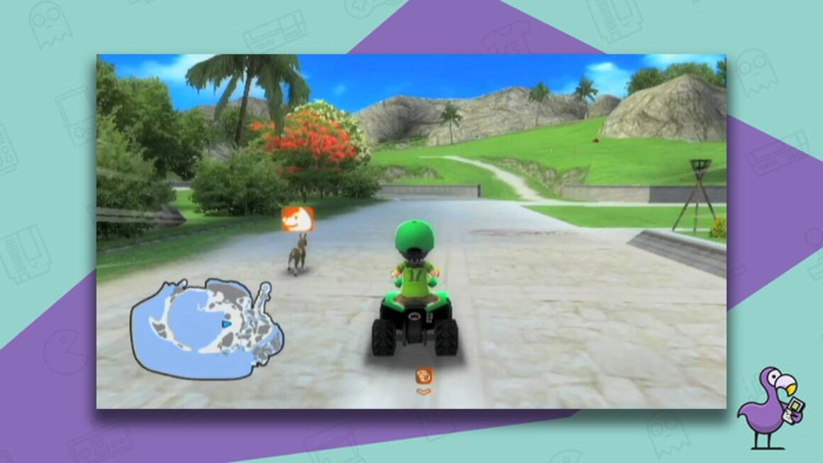 A character on a buggy driving around a resort in Go Vacation