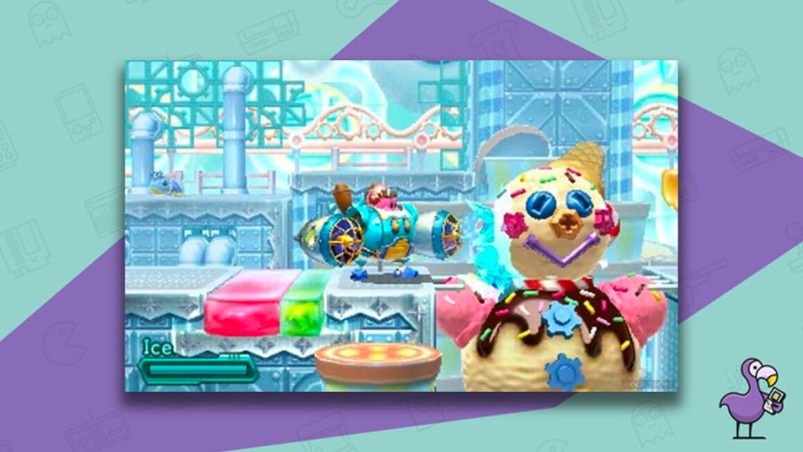 Kirby in a giant robot with a character made out of ice cream next to him