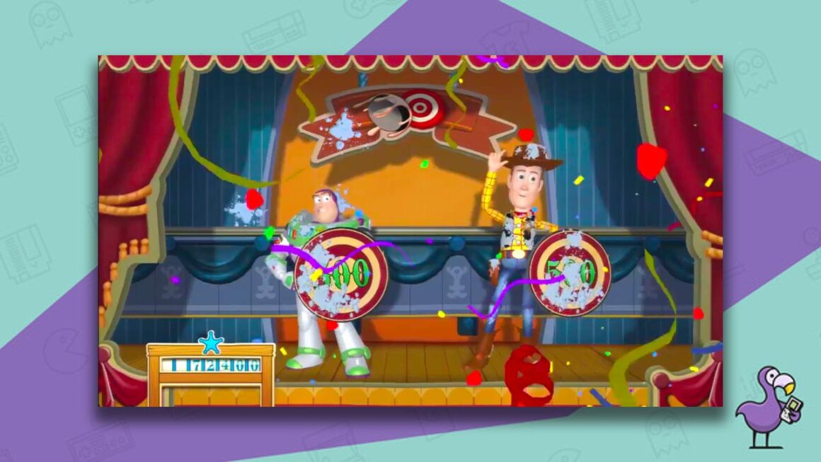 Buzz and Woody hold up targets for the player