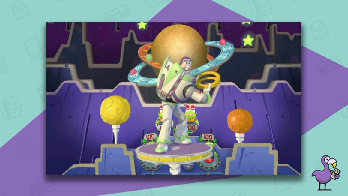 Buzz Lightyear holding golden rings in Toy Story Mania! gameplay