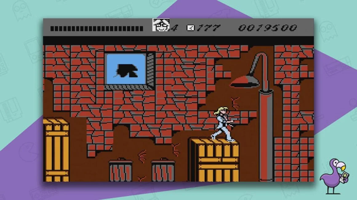 Wayne's World gameplay, with Garth holding a gun on top of a crate