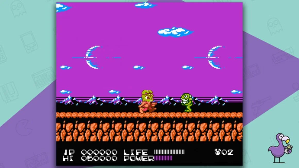 Bucky O'Hare gameplay, with Bucky moving along a platform with mountains and a pink space background in the distance