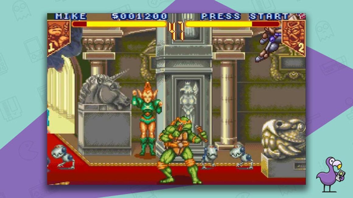 Mike holding nunchucks and moving through a hallway in Teenage Mutant Ninja Turtles Tournament Fighters gameplay