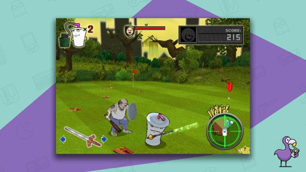 Aqua Teen Hunger Force Zombie Ninja Pro-Am gameplay - a character holding a bat and a dustbin lid is about to attack a disposable drink's cup holding a weapon.