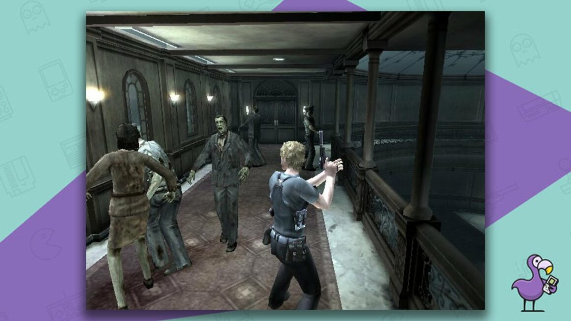Resident Evil: Dead Aim gameplay - a character with a gun is fighting in a corridor filled with zombies