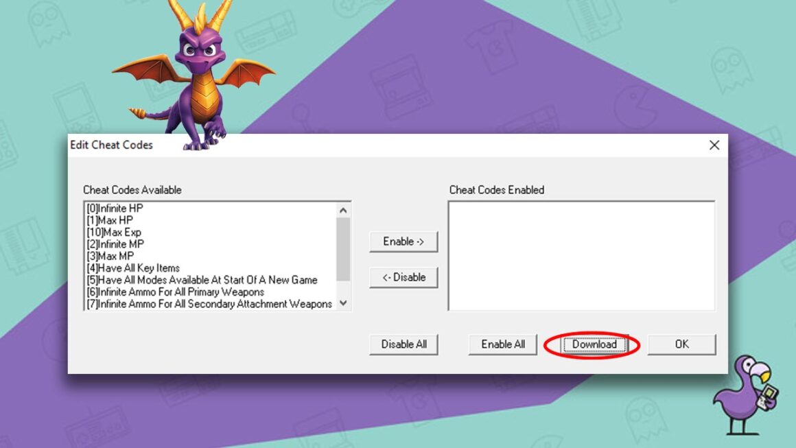 how to use cheat codes on ePSXe Emulator - Download button on the cheat file menu