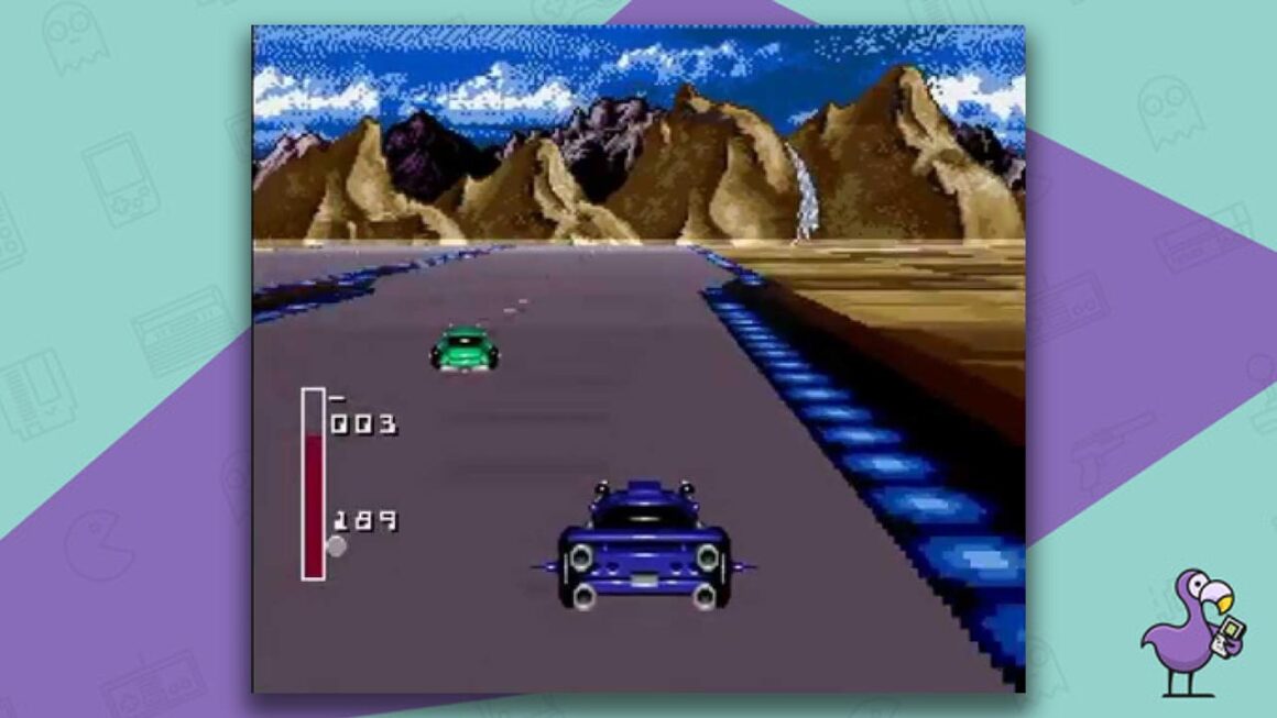 Battle Cars gameplay snes - futuristic cars racing along a track towards mountains