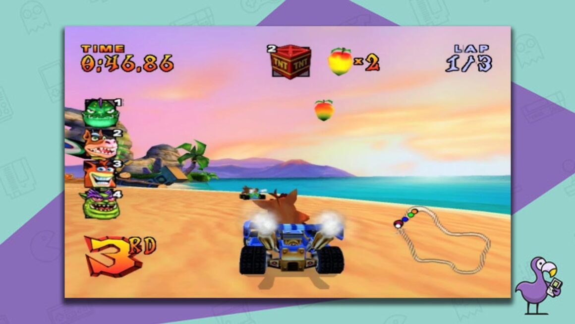 Crash Bandicoot in a kart racing along a beach