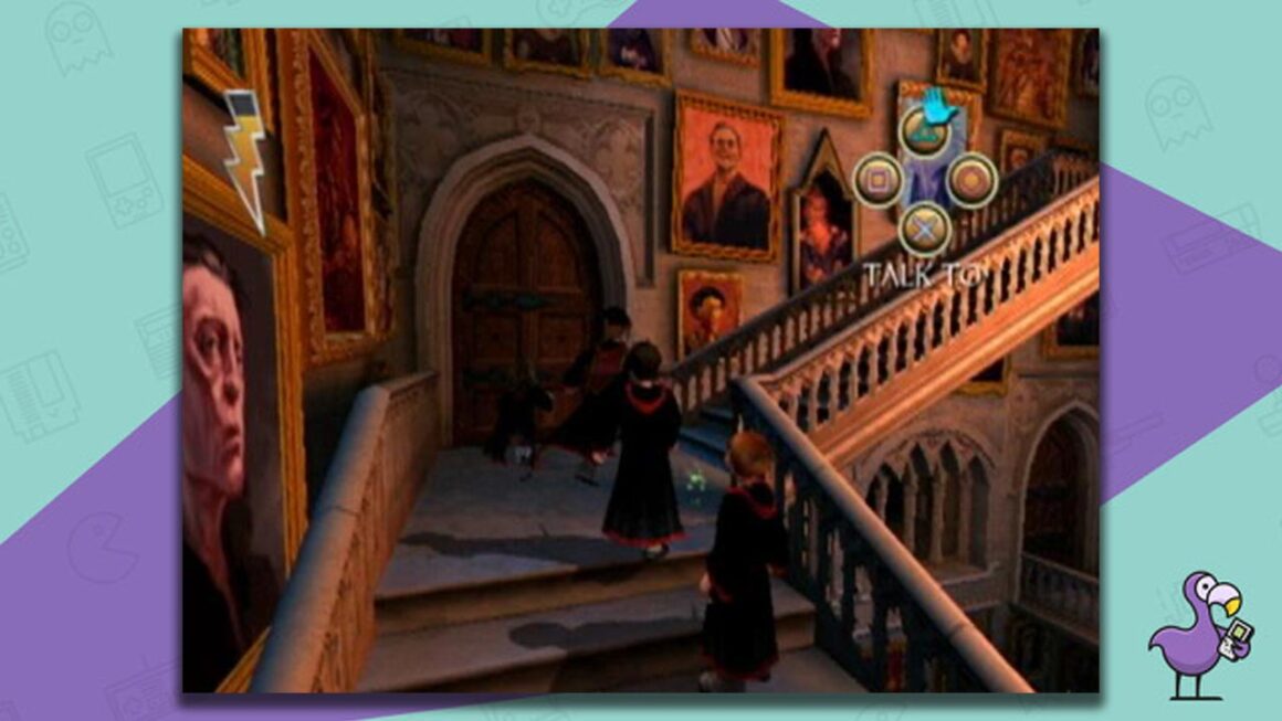 Harry walking up one of the moving staircases with Ron walking behind