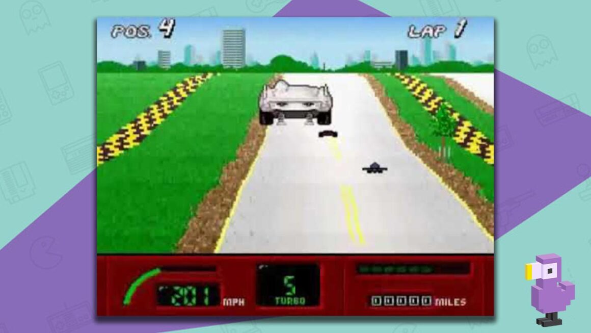 Exertainment Mountain Bike Rally / Speed Racer Combo Pack gameplay showing a car driving along a road with grass either side