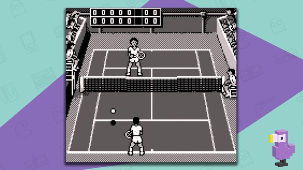 Jimmy Connors’ Tennis gameplay, with two players stood on a tennis court and a ball bouncing.