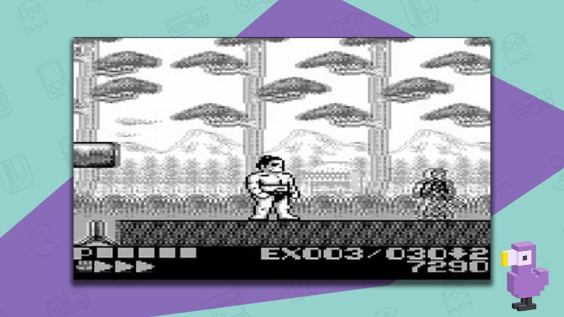 Gameplay shot of Sumo Fighter, with Bontaro Heiseiyama standing in a forest underneath some trees.