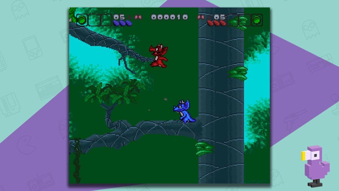Bronkie the Bronchiasaurus gameplay, with a red dinosaur jumping to a tree branch and a blue dinosaur standing below