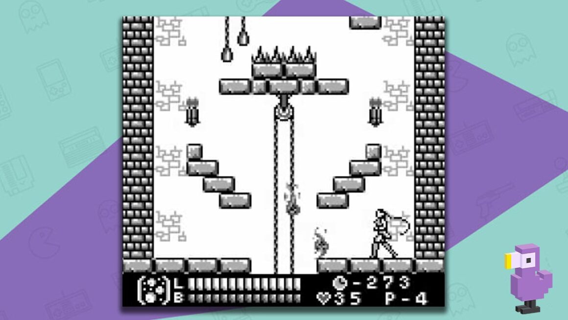 Castlevania Legends gameplay, with Sonia Belmont walking towards a chain winch suspended between symmetrical platforms.