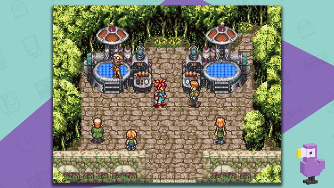 Chrono Trigger gameplay showing multiple characters standing in a sunny courtyard surrounded by trees