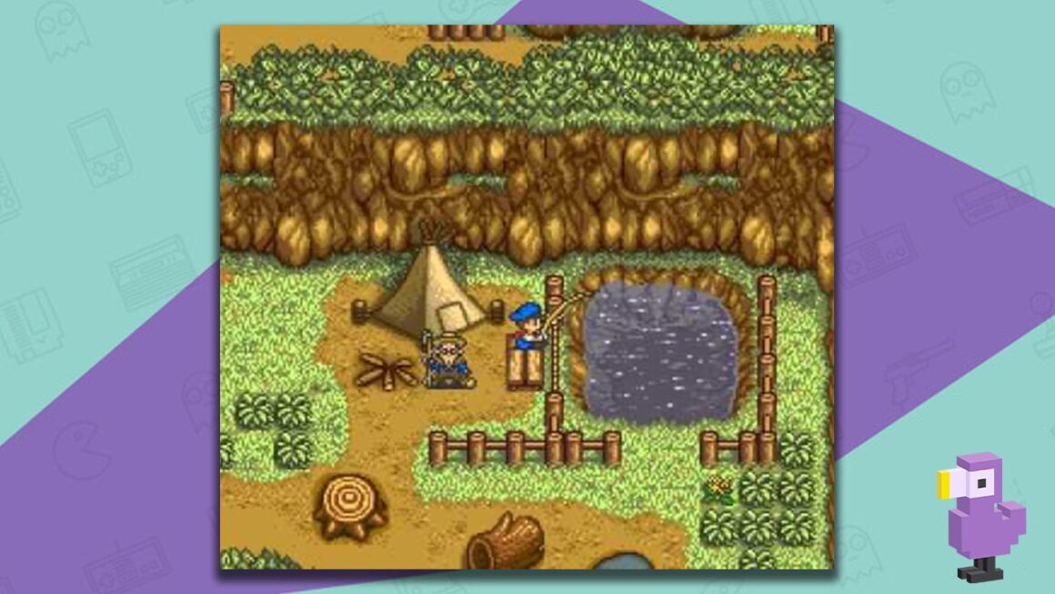 Harvest Moon gameplay showing a character fishing next to a tent while their companion sits looking out at a field.
