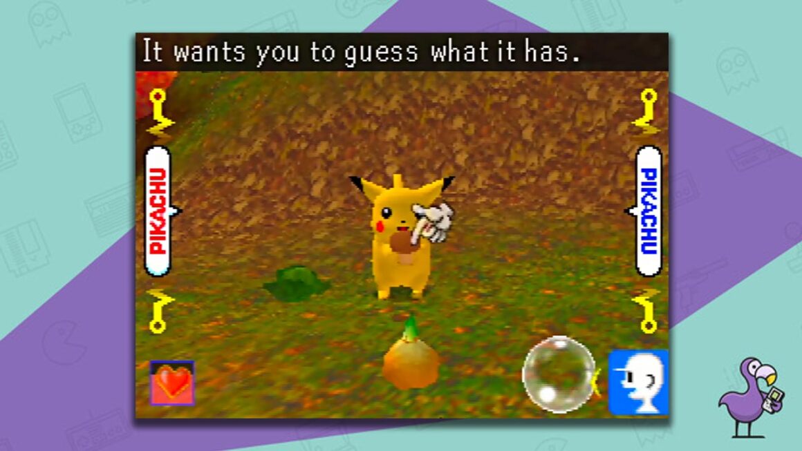 Gameplay shot of Hey You Pikachu, with the player interacting with Pikachu on screen.