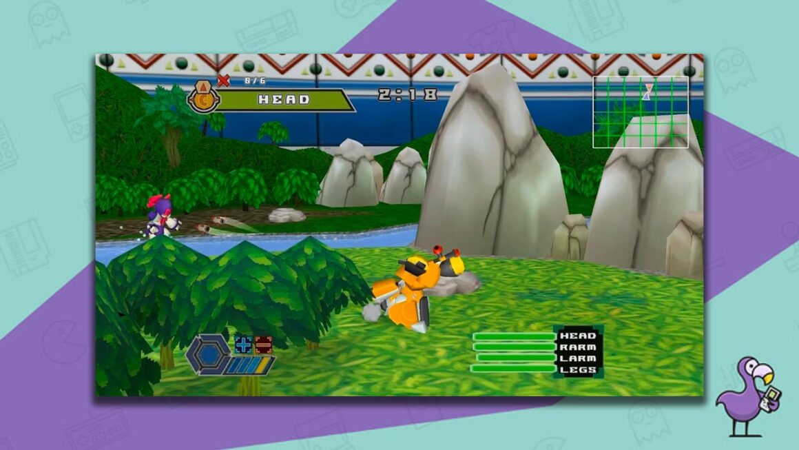 Gameplay shot of Medabots Infinity - Two Medabots approaching each other near a stream