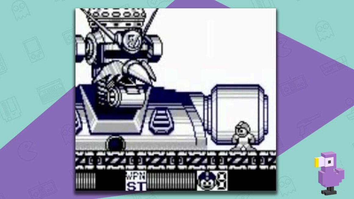 Mega Man IV gameplay, with Mega Man standing in front of a large robot with a pointy nose and moustache