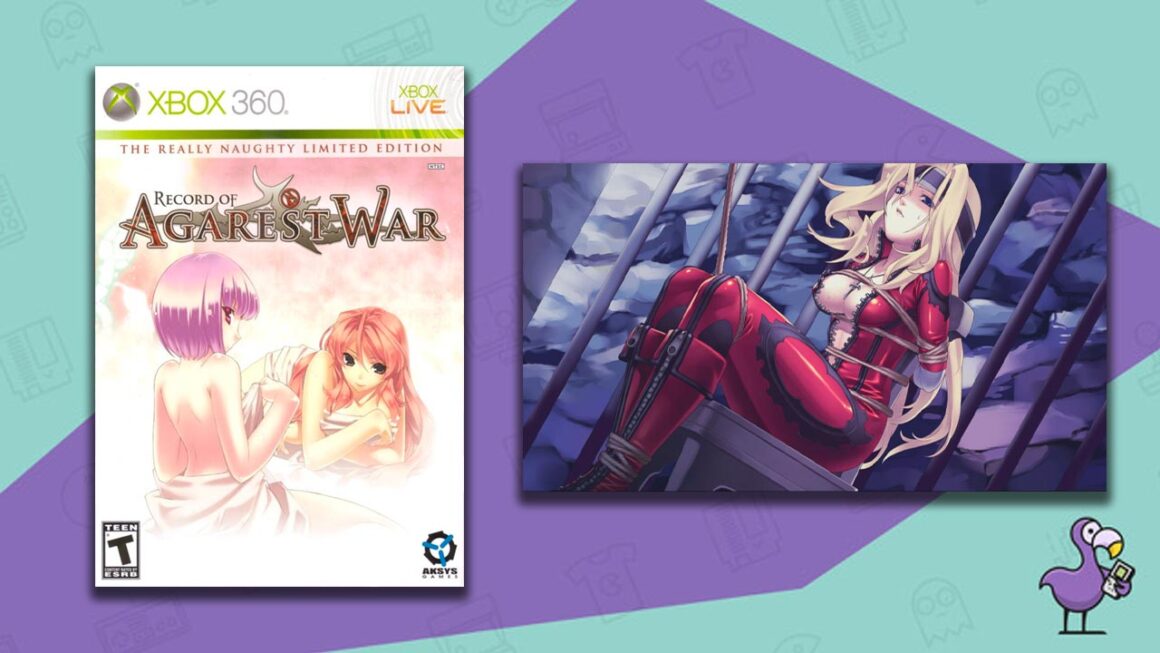 Record Of Agarest War - The Really Naughty Limited Edition Xbox cover art (left) gamaplay still of a woman wearing a red, skin-tight outfit tied to a chair (right)
