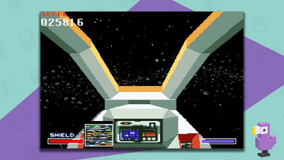 Gameplay for Star Fox Super Weekend Competition, viewed from the cockpit of an Arwing