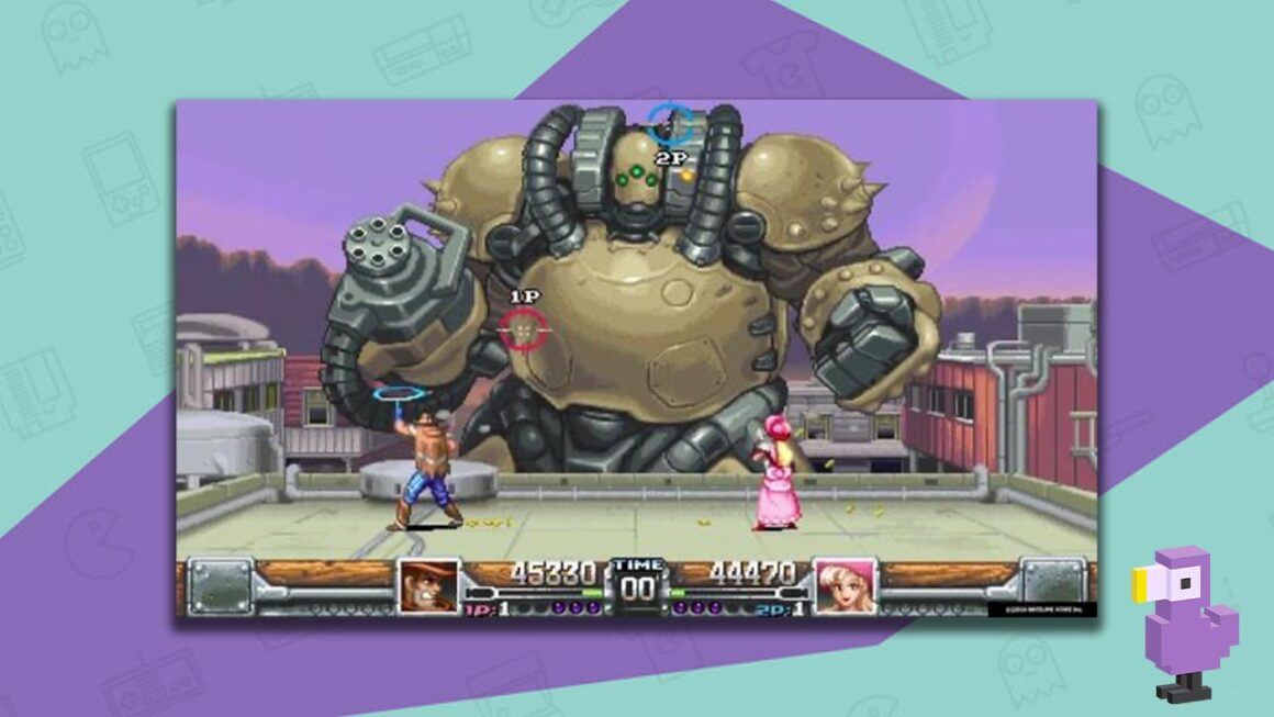 Wild Guns gameplay, with two characters aiming at a huge robot holding a machine gun in one hand