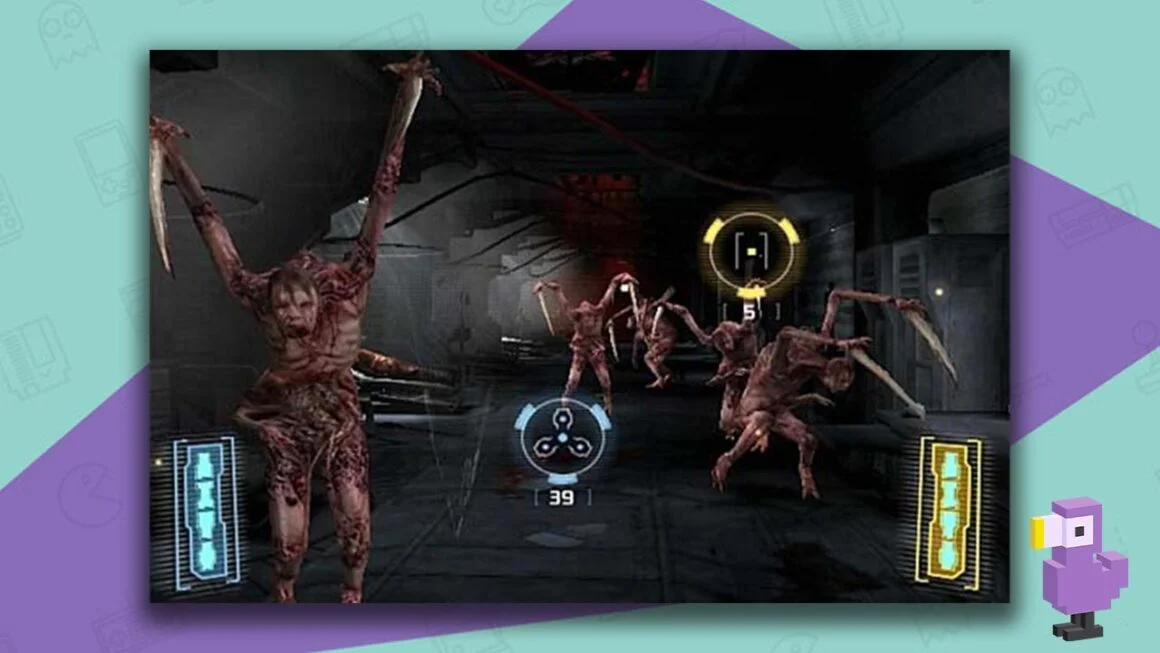 Dead Space Extraction gameplay, with a player fighting at gruesome alien zombies