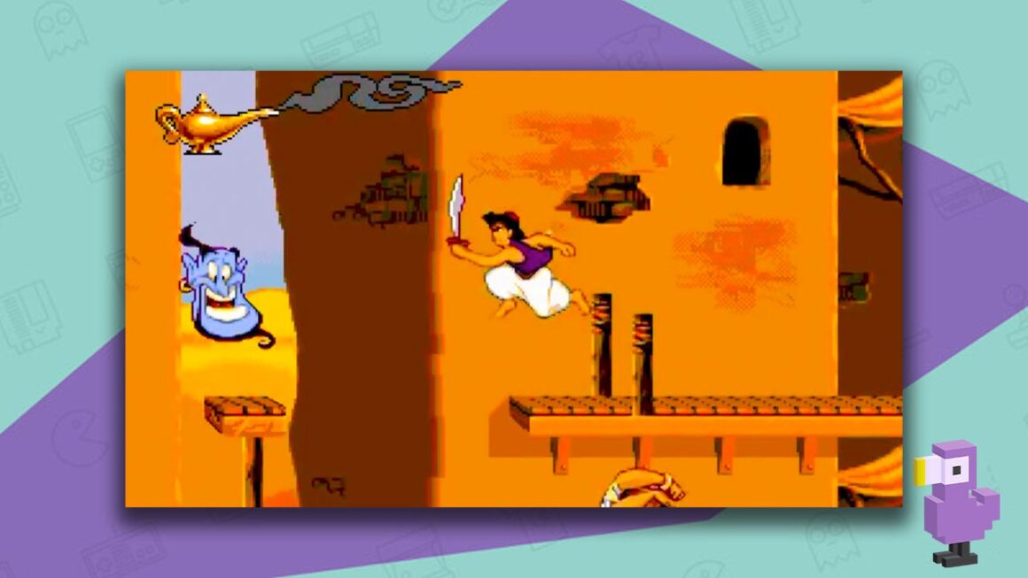 Disney's Aladdin gameplay - Aladdin jumping between platforms while holding a sword.