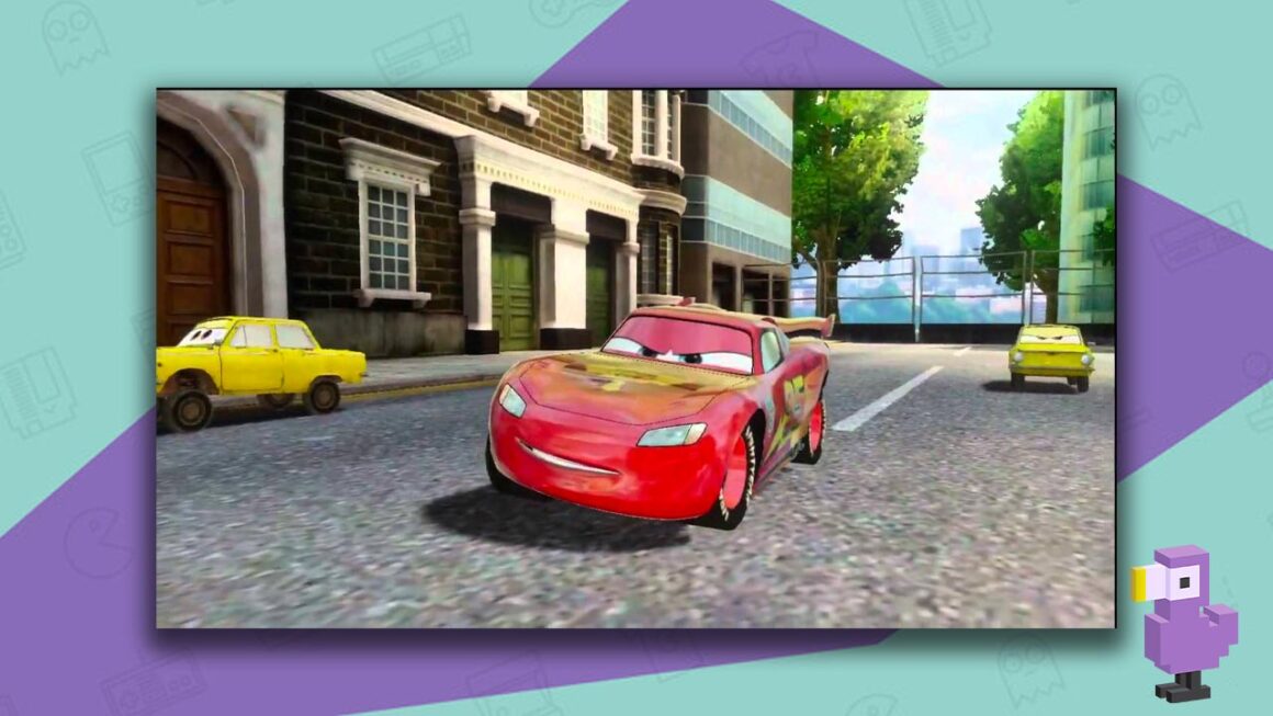 Gameplay of Cars 2: The Video Game - Lightening McQueen driving with other yellow cars around him.