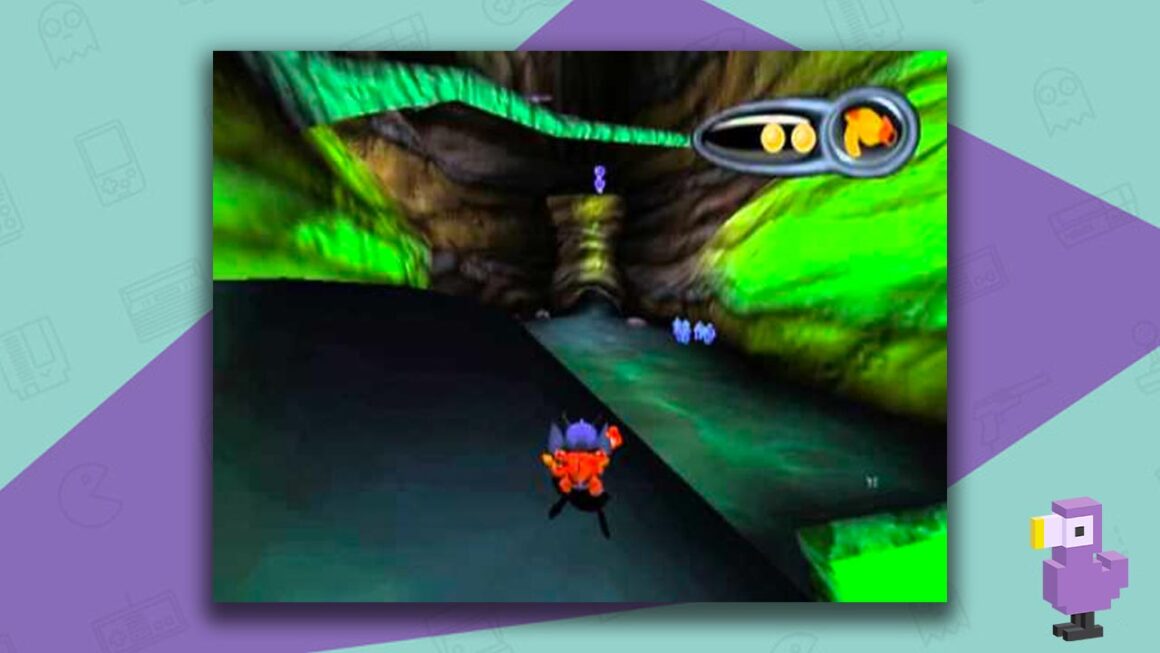 Gameplay still of Disney's Stitch: Experiment 626 showing Stich moving through a cavern lit by green light