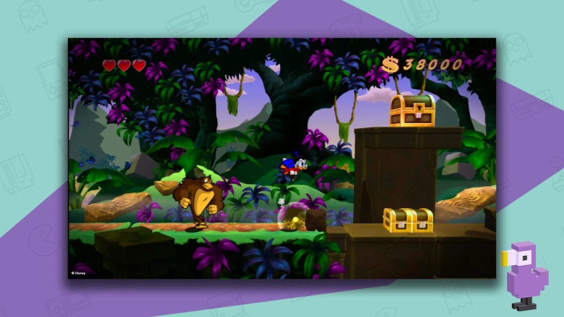 DuckTales: Remastered gameplay featured Scrooge McDuck moving through a forest.