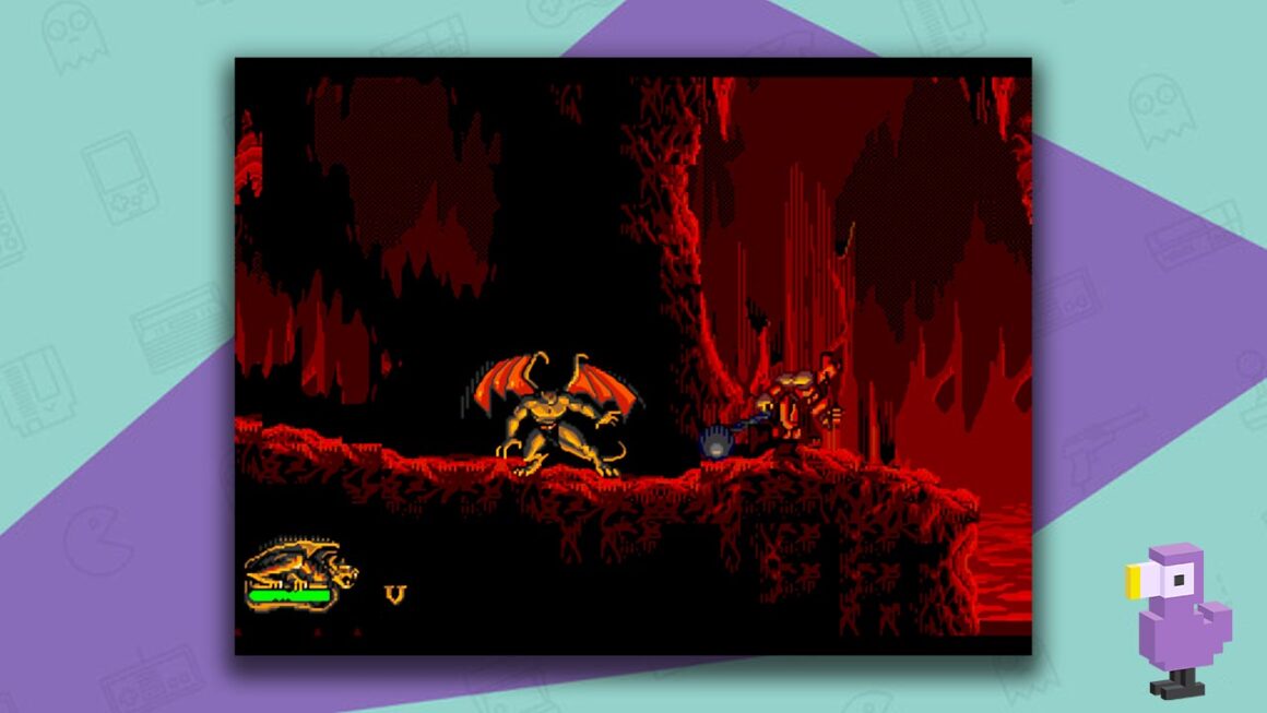 Gargoyles gameplay showing Goliath in an underground red cave