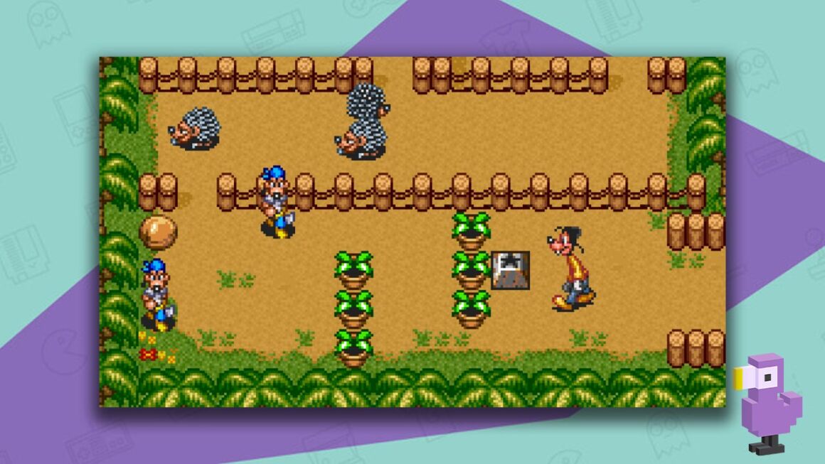 Disney's Goof Troop gameplay - Goofy moving towards enemies on the other side of some plant pots
