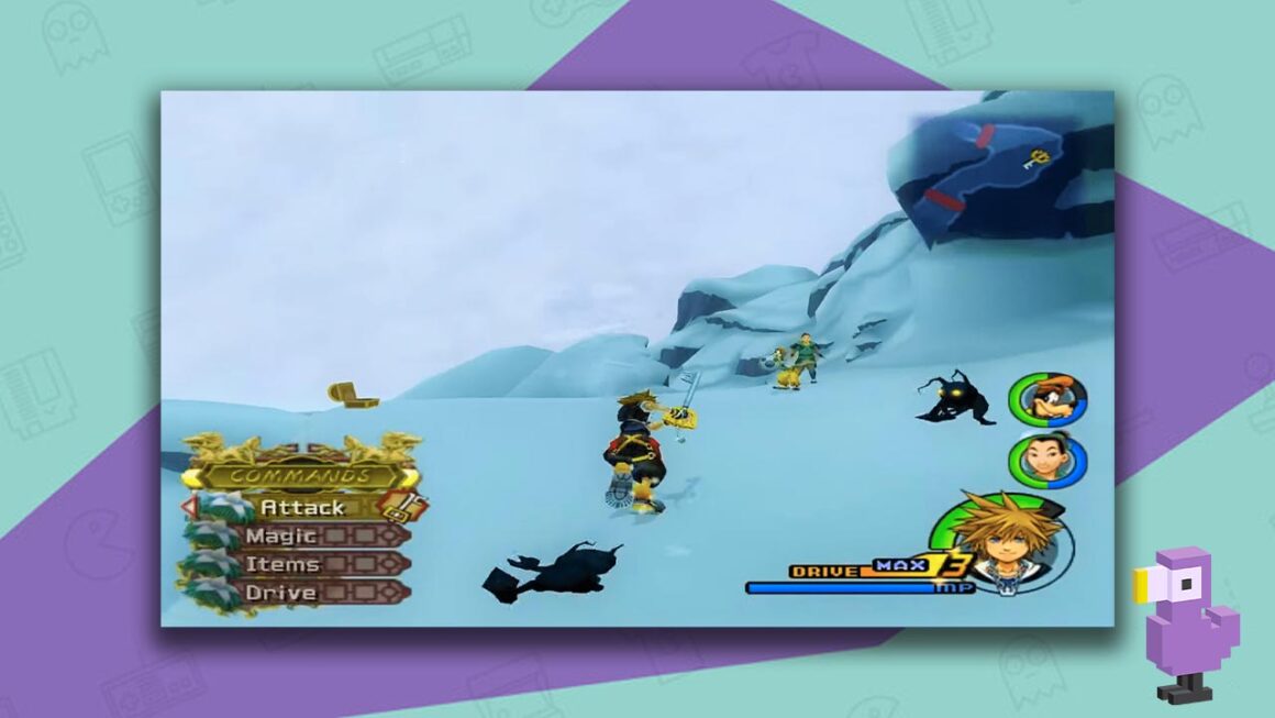 Kingdom Hearts 2 gameplay - Sora running up a snowy bank