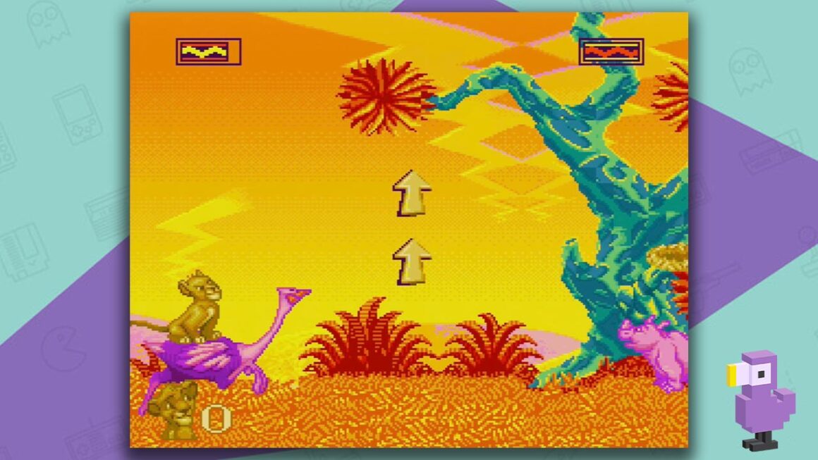 The Lion King gampelay with Simba riding a pink and purple ostrich