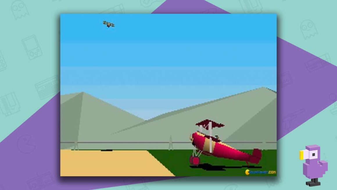 Stunt Island gameplay showing a red plane on the ground. A smaller plane is in the sky