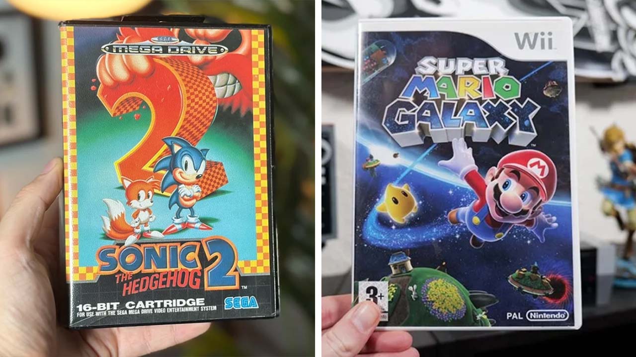 Brandon holding Sonic The Hedgehog 2 (left) and Rob holding Super Mario Galaxy (right)