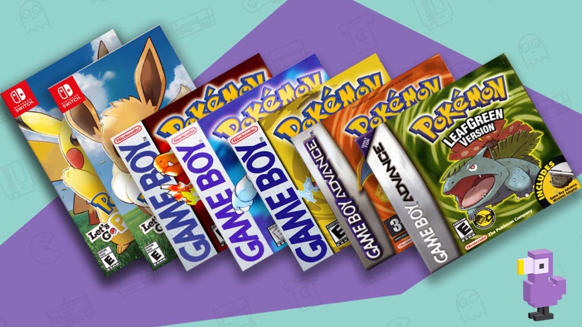 all Pokemon games by generation - Kanto games Red, Blue, Yellow, FireRed, LeafGreen, Let's Go Pikachu and Eevee