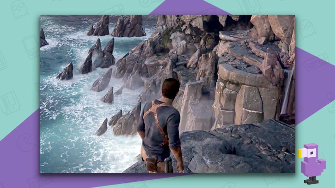 Nathan Drake looking out over a cliff