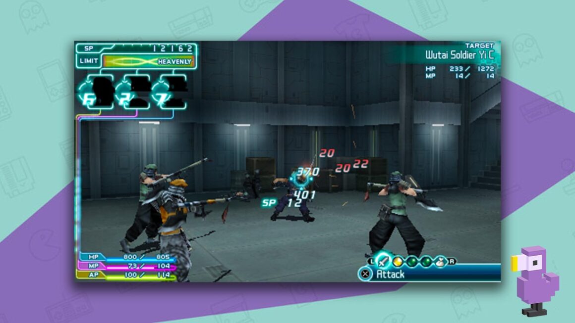 Crisis Core: Final Fantasy VII gameplay, with characters fighting in a warehouse- style setting.