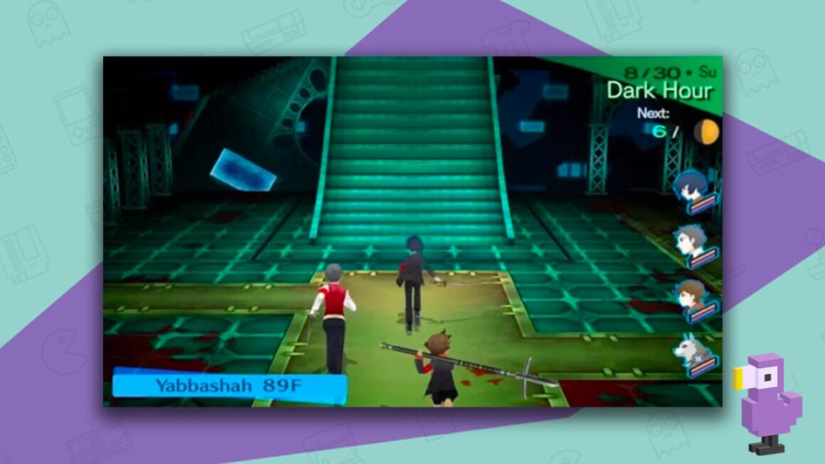 Persona 3 Portable gameplay, with characters moving up a ghostly-looking staitcase.