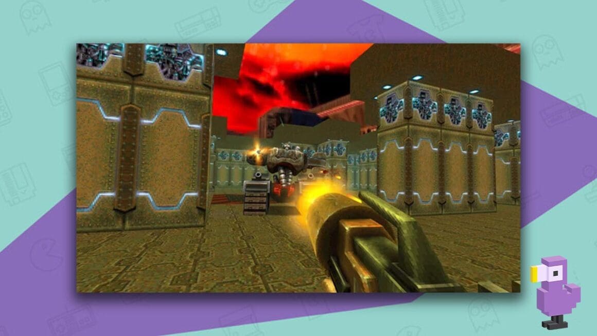 Quake 2 Remastered gameplay showing a gun firing at a robot