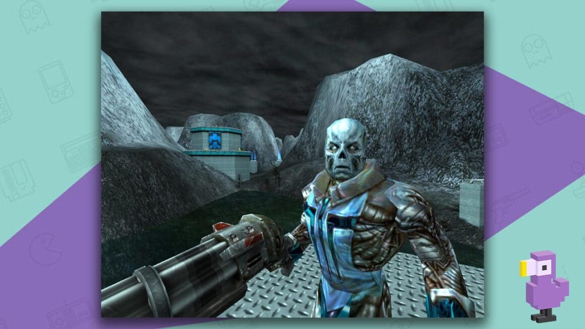 Quake III Team Arena gameplay showing an alien Strogg character close up to the screen