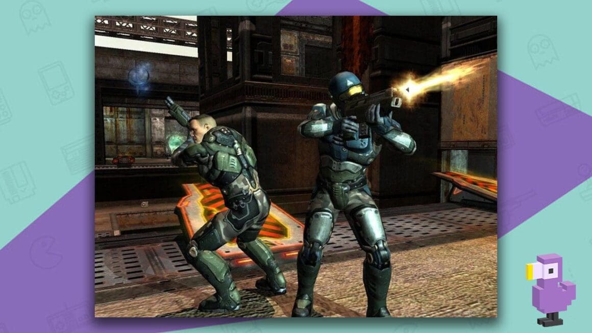 Quake 4 gameplay, showing two soldiers almost back to back shooting at enemies offscreen