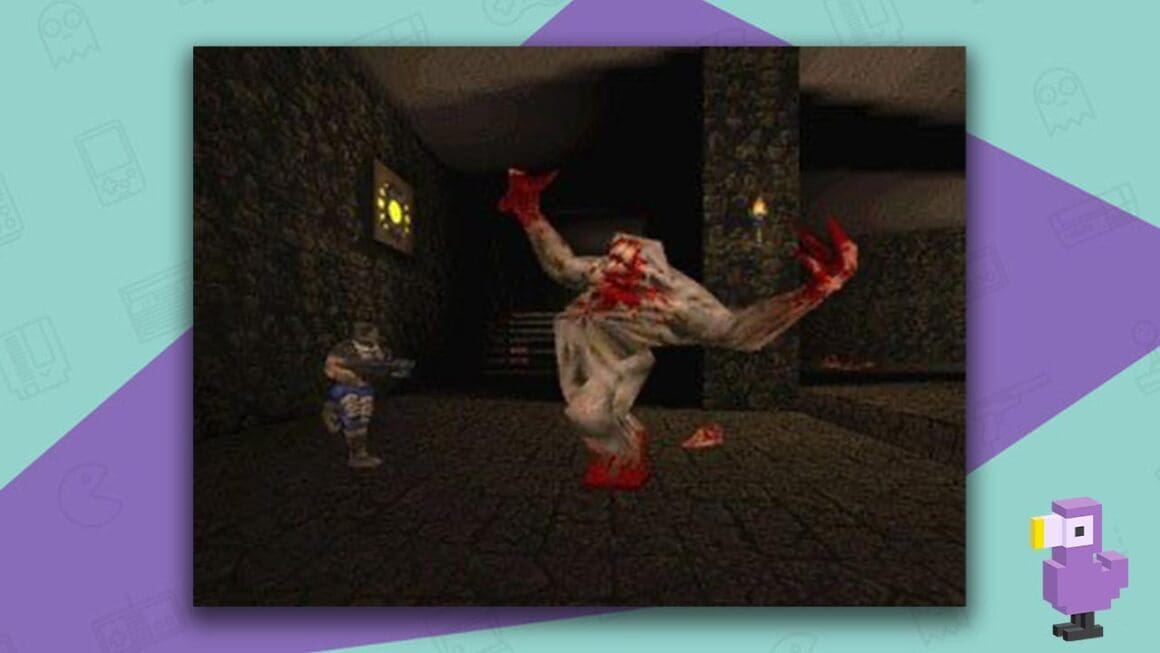Quake gameplay showing a gunman fighting a Shambler enemy